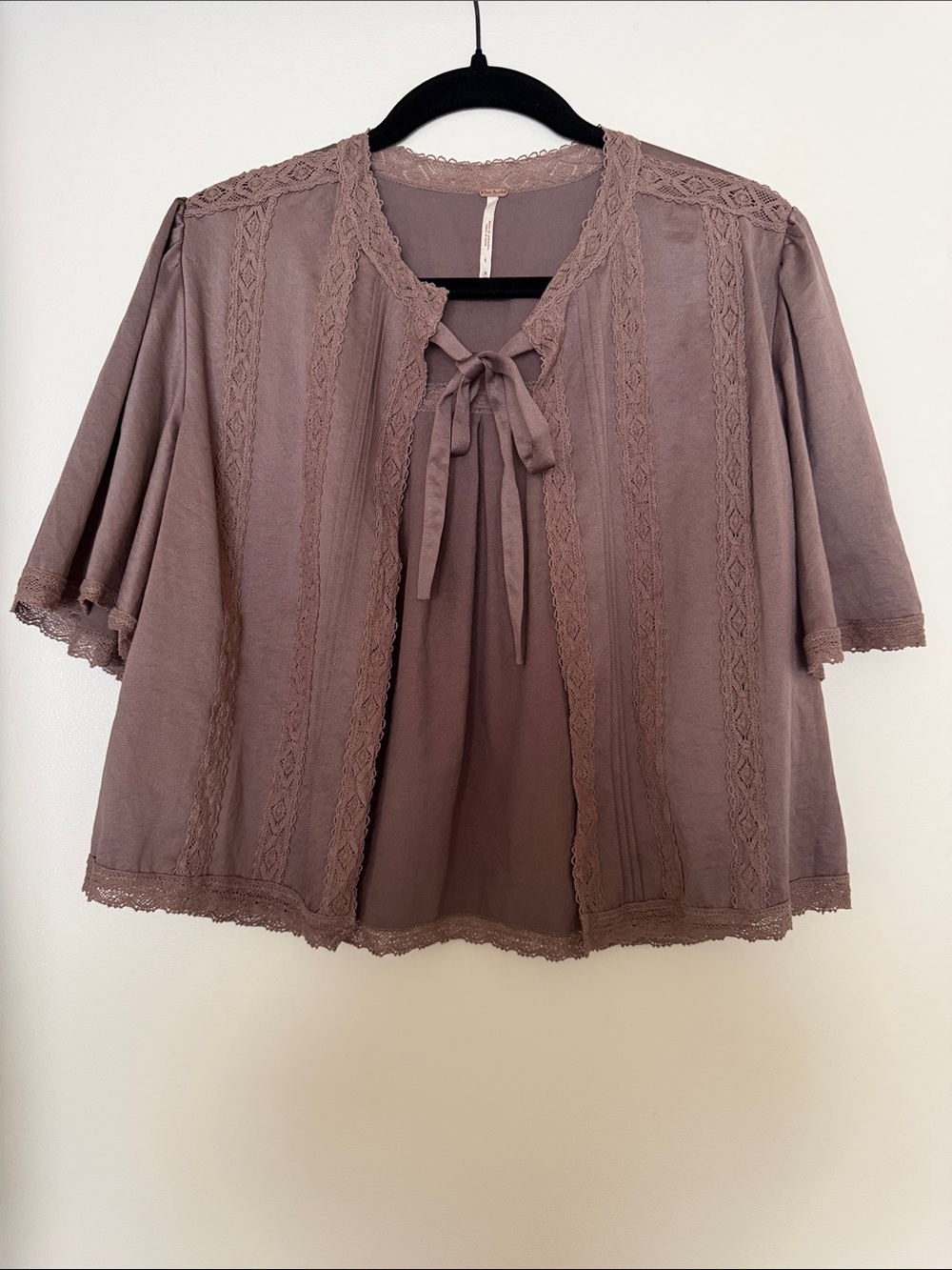 Free People Lace-Trim Tie-Front Top in Taupe/Brown M
